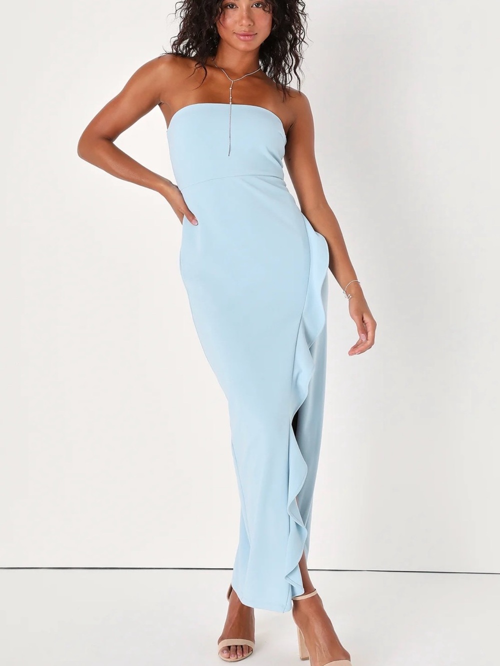 Lulu's Strapless Powder Blue Ruffle-Detail Maxi Dress